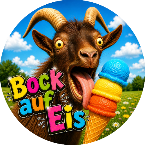 Gelato mit Schriftzug Bock auf Eis und einer Ziege als Maskottchen