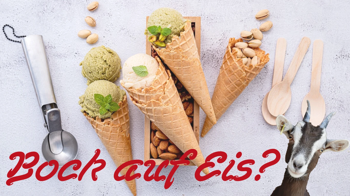 Gelato mit Schriftzug Bock auf Eis und einer Ziege als Maskottchen